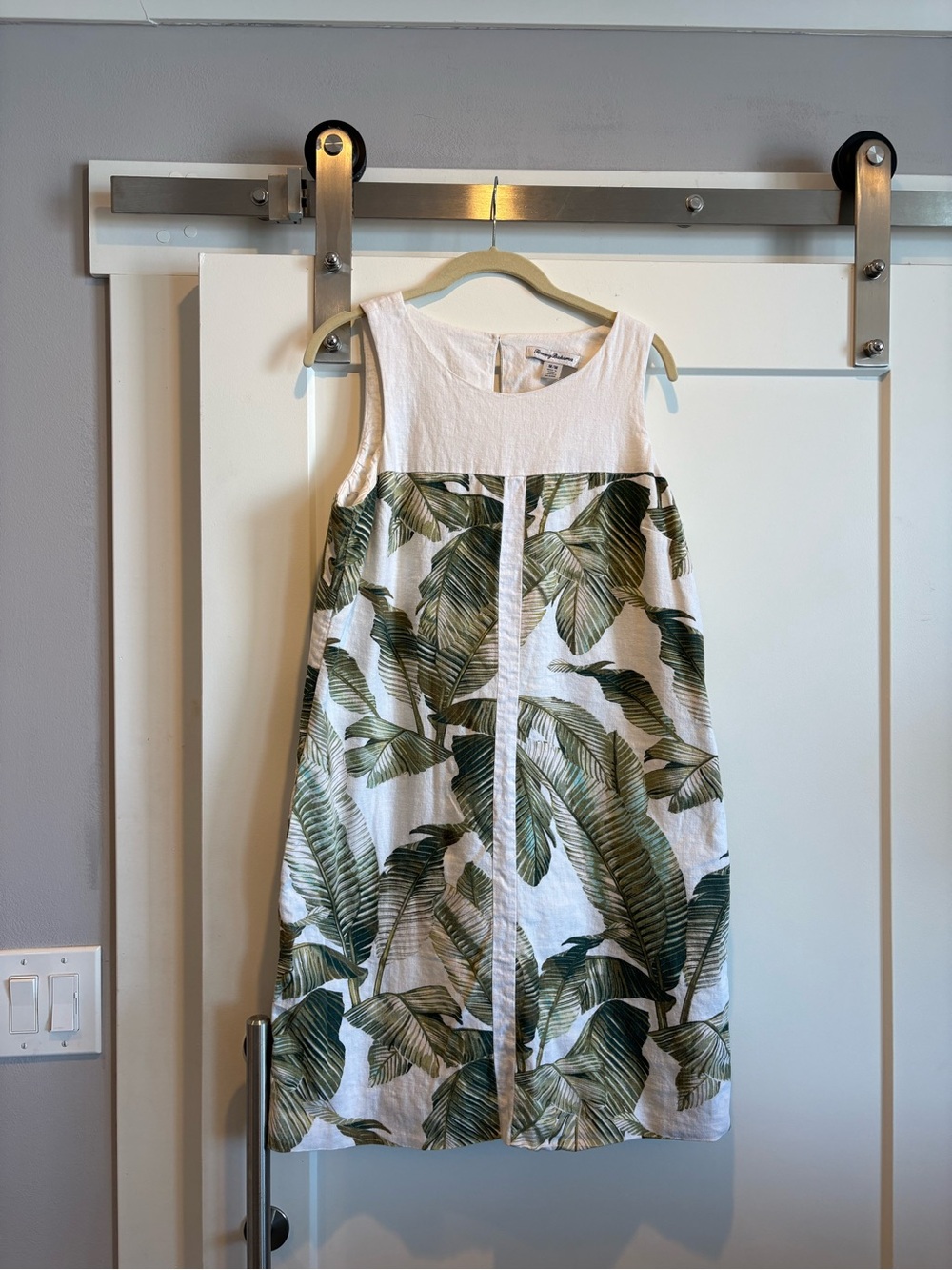 Tommy Bahama White Linen-Blend Sleeveless Dress Tropical Palm Leaf Size M